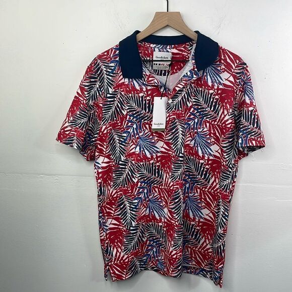Goodfellow & Co Polo Shirt Mens Large Hawaiian Aloha Palm Floral Knit Collar L - Picture 1 of 9